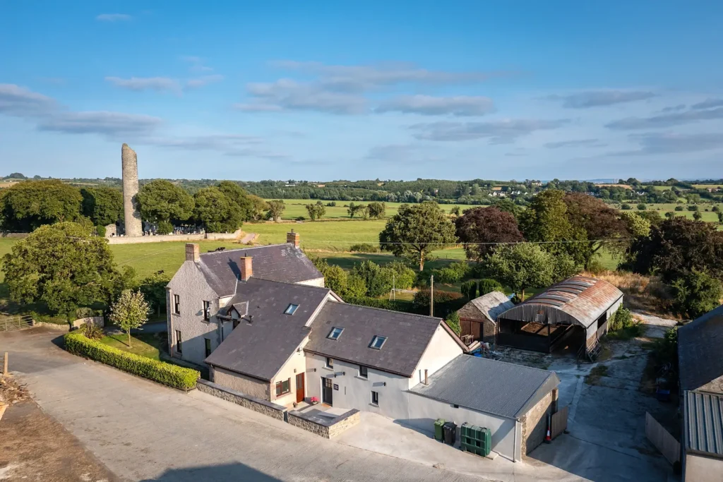 Aerial view of Tower Lodge and the neighbouring Monasterboice Round Tower