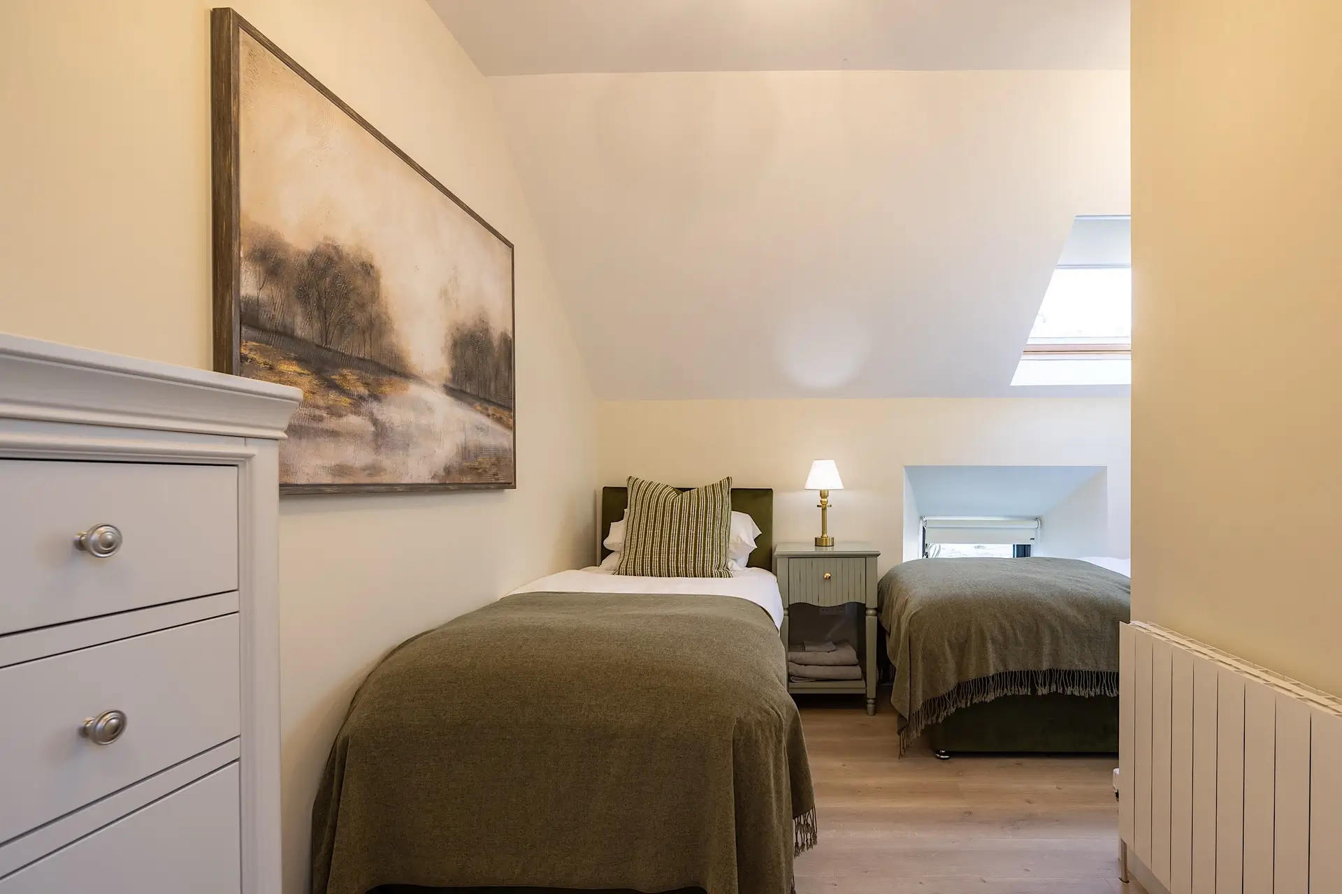 Twin bedroom at Tower Lodge with two single beds and a skylight